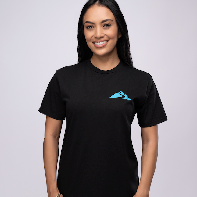 black t-shirt with blue mauna logo