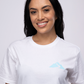 white t-shirt with blue mauna logo