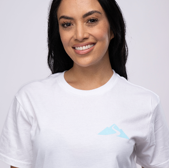 white t-shirt with blue mauna logo