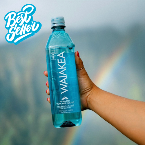 Waiakea Hawaiian volcanic water bottle with rainbow background