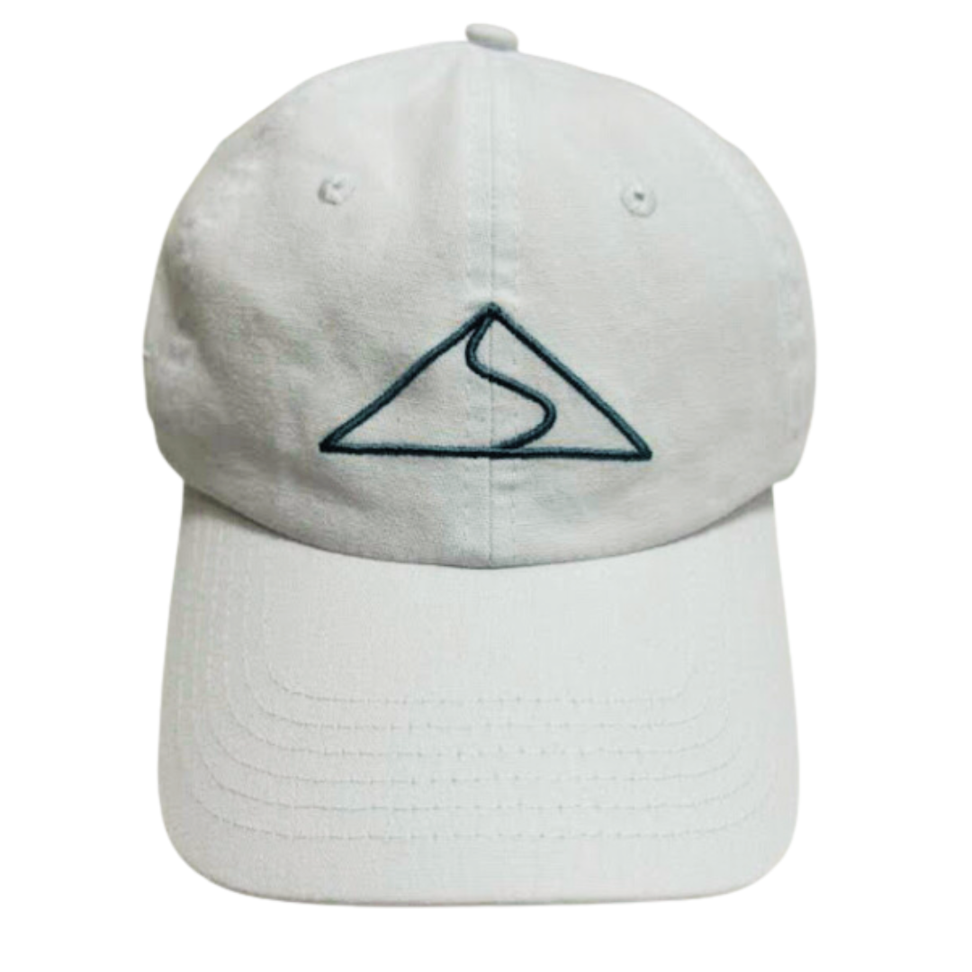 white cap with geometric logo embroidery