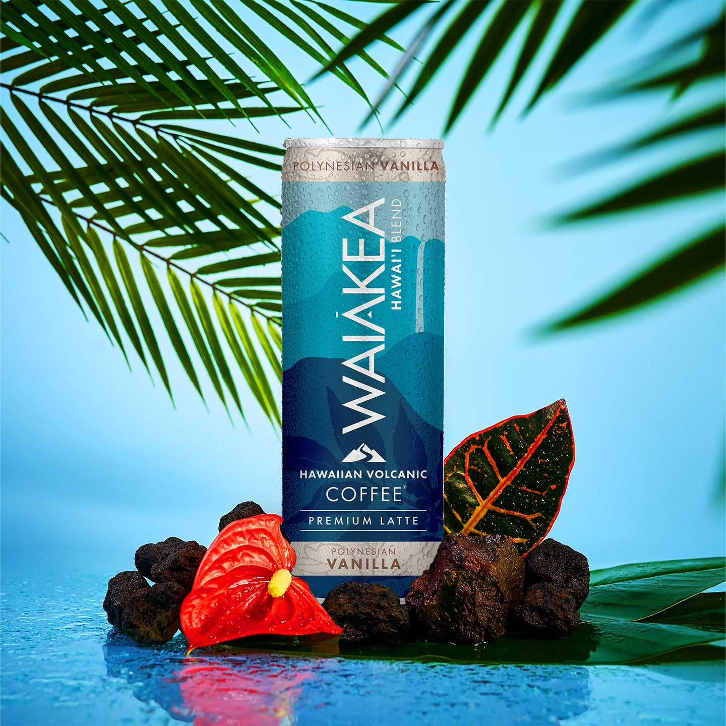 Hawaiian volcanic coffee Polynesian vanilla premium latte can tropical background