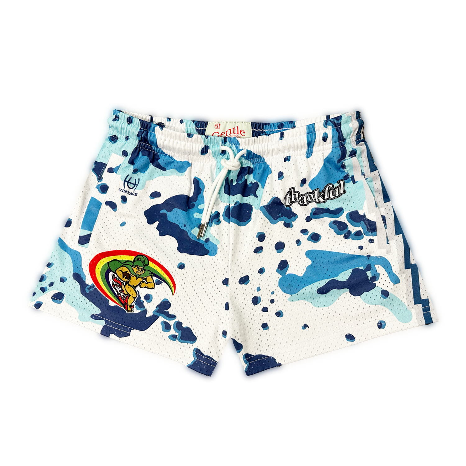 Colorful graphic shorts with blue camouflage pattern and retro surfer design