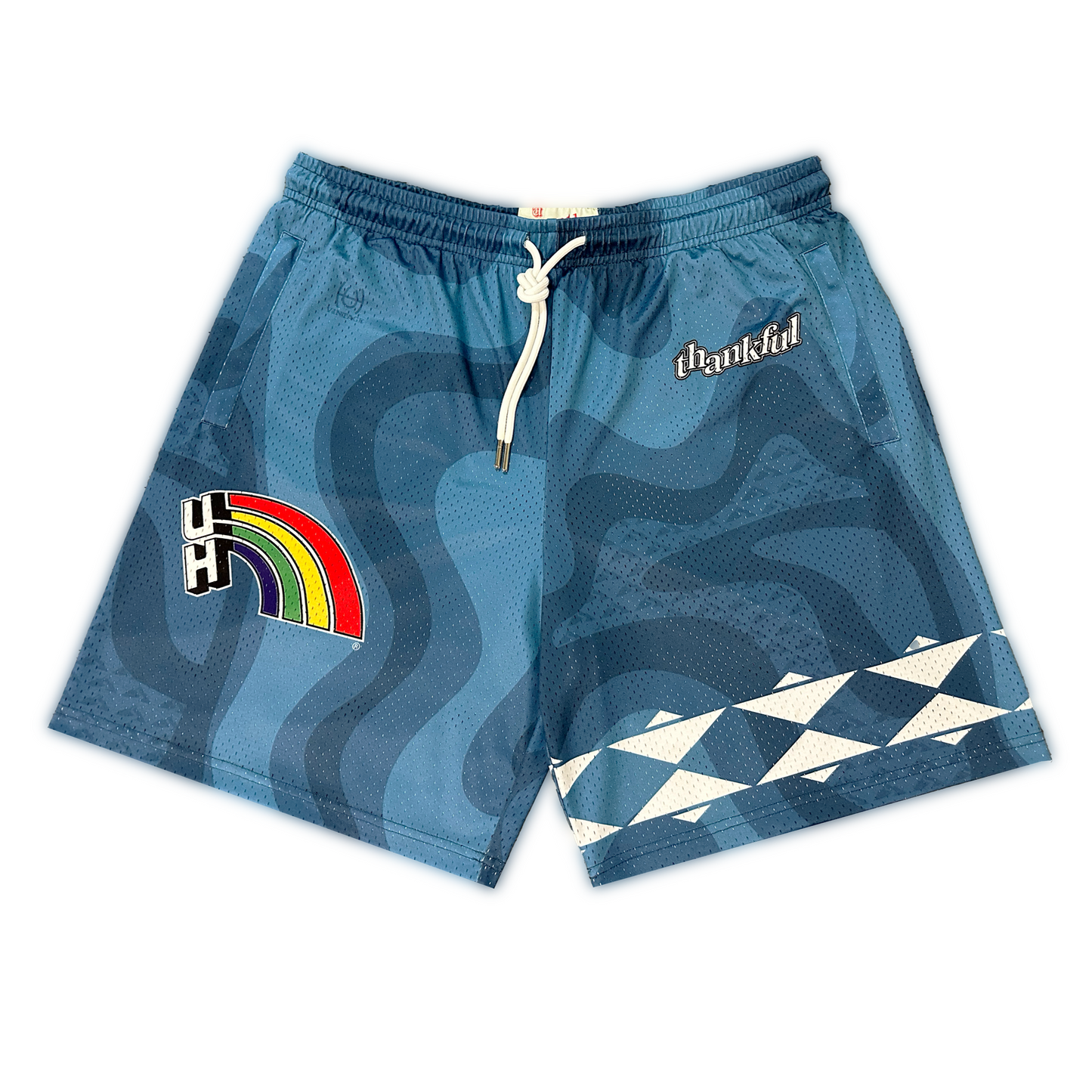 blue geometric swim shorts rainbow pattern