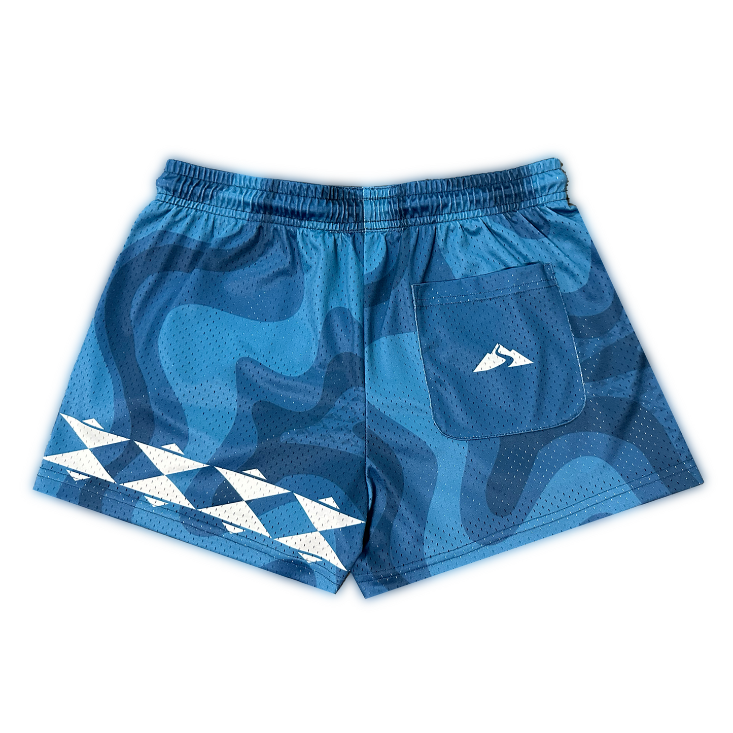 blue camo athletic shorts with pocket and geometric pattern