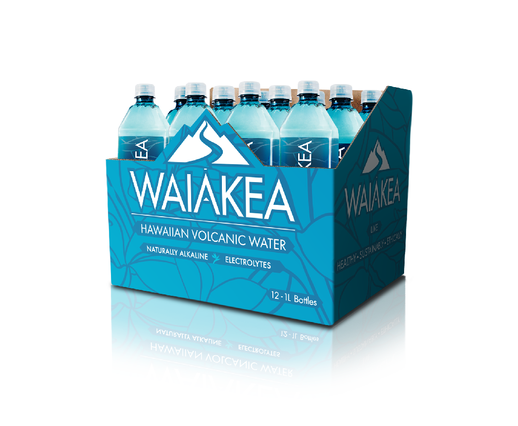A 12 pack of Waiakea Springs 1 Liter water bottles